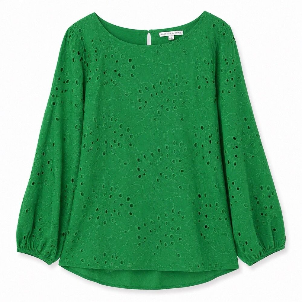 Preston & York Blouse Women's Small Green Eyelet Tunic Balloon Sleeve Lined NWOT